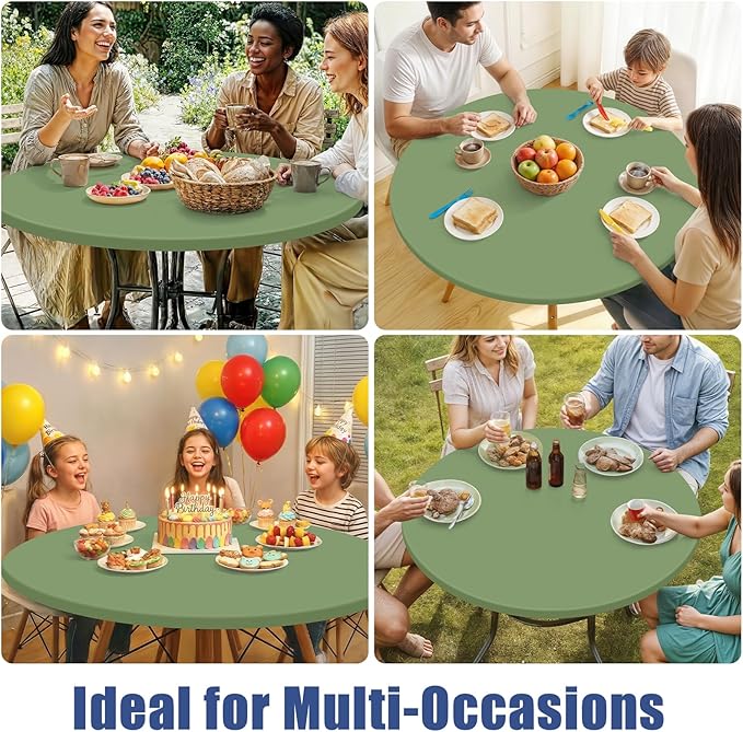 Round Spandex Tablecloth, Elastic Fitted Waterproof Tablecloths for 57"-68" Tables, Stretch Washable Picnic Table Cover for Camping, Dining, Indoor and Outdoor, Sage Green