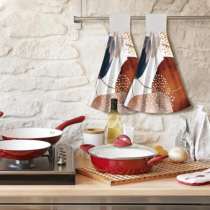 Giwawa Boho Abstract Hanging Kitchen Towels Modern Orange Dishcloths 2PCS Soft Absorbent Fingertip Towel for Bathroom Restroom Home Decor