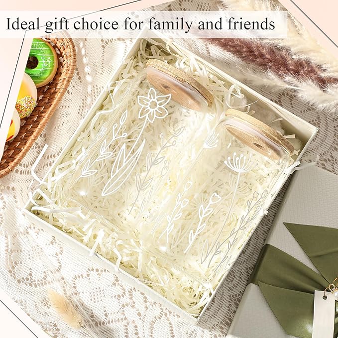 Mumufy Gift for Women Cute Glass Cup Tumbler Flower Iced Coffee Mugs 16 oz Glass with Bamboo Lid & Straw, Mothers Day Birthday Gift for Mom Sister Bridesmaid Baby Shower(2 Pack,Boho Flower)