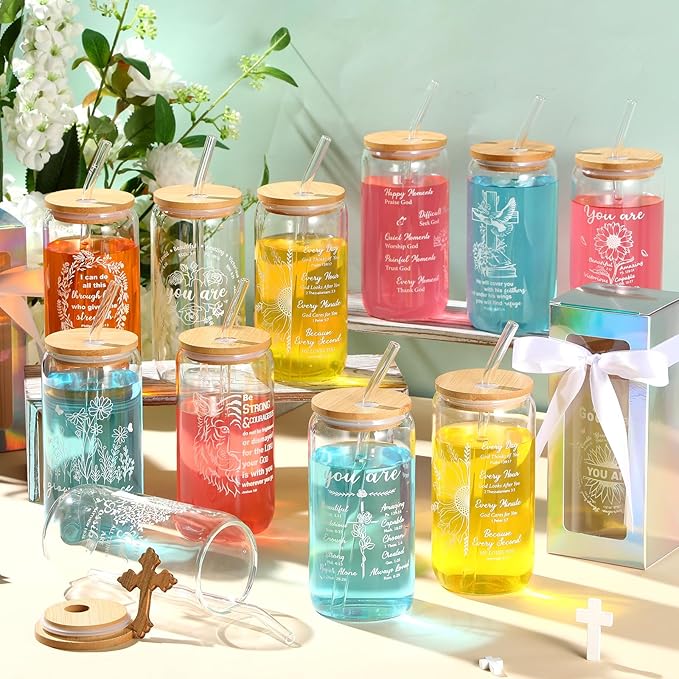 Layhit 12 Set Christian Glass Cups for Women Faith Church Christmas Religious Gifts 16 oz Glass Inspirational Bible Verse Coffee Cups with Lids Straws Brushes Gift Boxes for Church Birthday