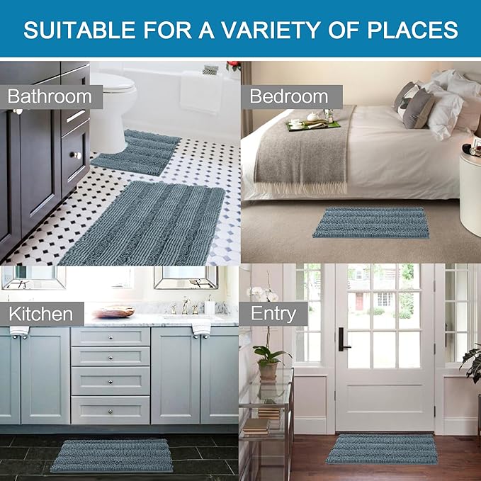 H.VERSAILTEX Bathroom Rugs Bath Rug Set 2 Piece Bathroom Contour Rug Toilet Mat Sets Non Slip Contour Bath Rug Ultra Thick Water Absorbent Striped Bath Mats(47" x 17" Plus 20" x 20" U, Stone Blue)