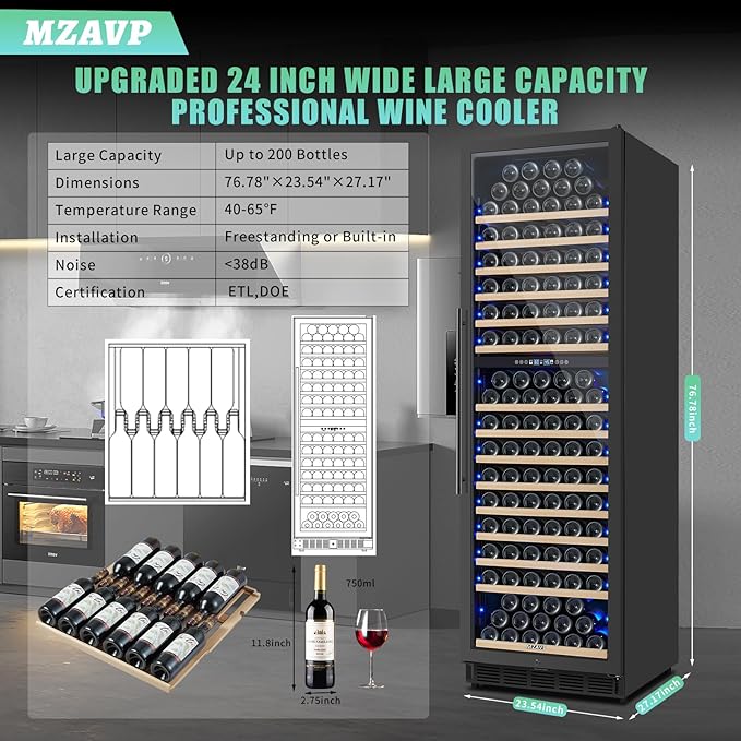 200 Bottle Dual Zone Wine Fridge,24 Inch Large Capacity Wine Refrigerator Freestanding or Built-In, Wine Cooler with Upgraded Compressor, Intelligent Temperature Memory, Low Noise and Fast Cooling