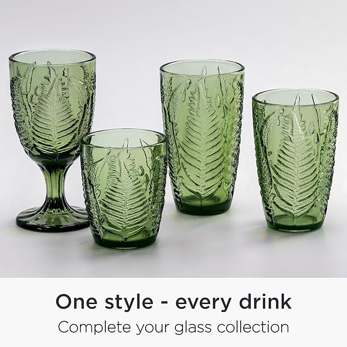 Vintage Green Drinking Glasses Set of 8 – 10 oz Embossed Textured Glass Cups, Retro Style Colored Drinkware for Water & Cocktails, Durable Decorative Kitchen Glassware, Unique and Cute Hostess Gift