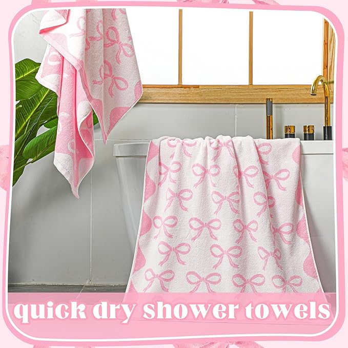 2 Pcs Pink Bow Bathroom Towels 100% Cotton Coquette Bow Bath Towels 28 x 55 Inch Absorbent Soft Preppy Bathroom Decor for Spa Gym Kitchen Women Gifts