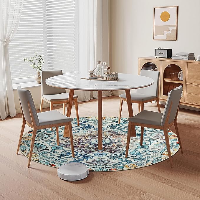 Easy-Going Round Rug 6ft Area Rug Washable Boho Circle Rugs for Living Room Non-Slip Bedroom Rug Low Pile Lightweight Medallion Distressed Throw Rug for Dining Room Kitchen Home Office, Vintage Multi