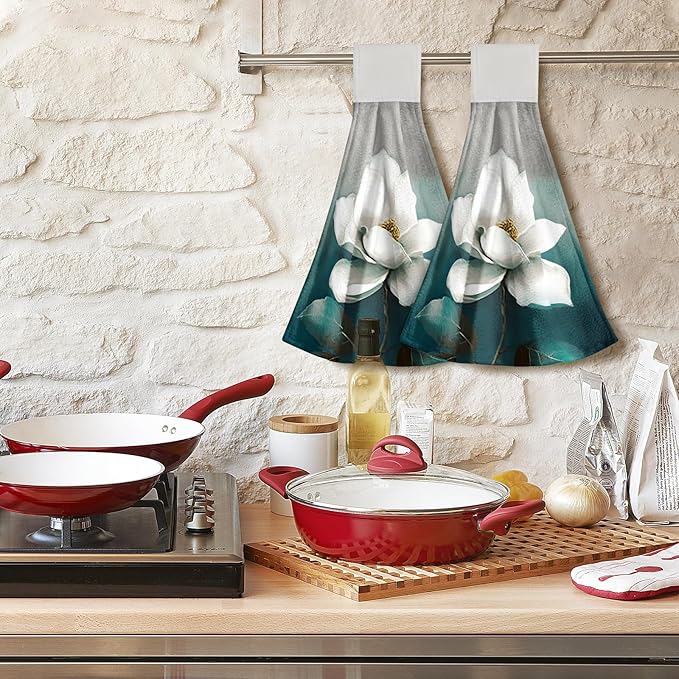 Giwawa White Floral Hanging Kitchen Towels 2 Pieces Turquoise Leaf Tie Towels Hand Towel Soft Absorbent WashCloth for Bathroom Tabletop Laundry