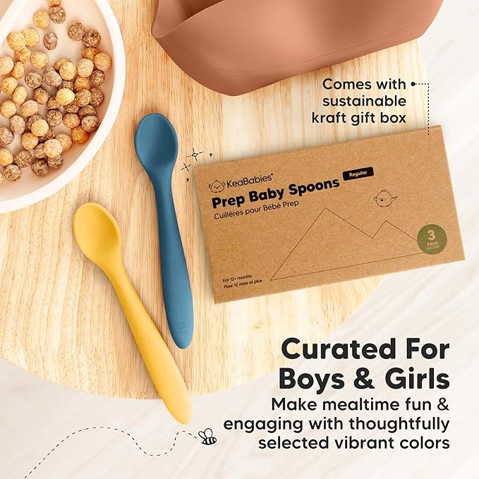 KeaBabies Silicone Baby Spoons, Self Feeding 6-12 months - 3-Pack Baby Weaning Eating Utensils, Toddler First Food Training Spoon, Infant, Kids Feeding Supplies Essential Set,Dishwasher-safe (Valiant)