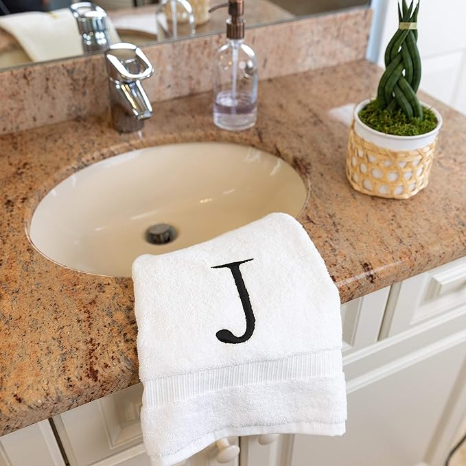 Black Letter Hand Towel for Bathroom - Monogrammed Initial Hotel Quality Decorative Embroidered Towel for Powder Room, Spa - GOTS Organic Certified - Set of 2 Letter J