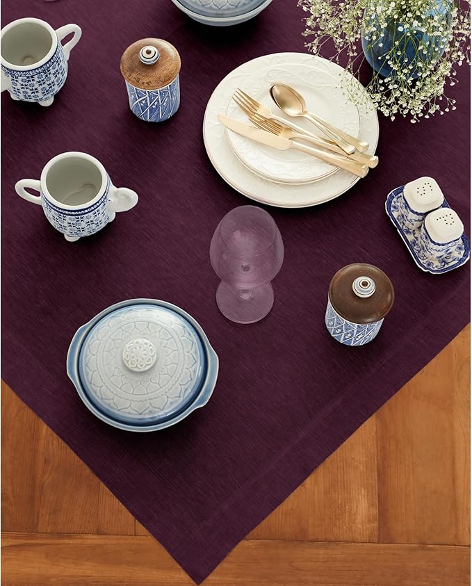 Solino Home Linen Tablecloth 52 x 52 Inch - 100% Pure Linen Square Table Throw - Athena, Machine Washable Chambray Burgundy Tablecloth for Christmas, Holiday, Winter, New Year