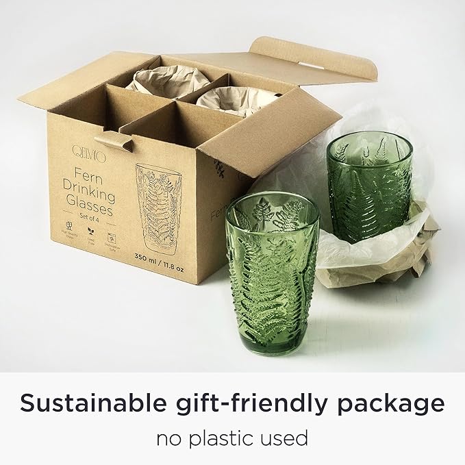 Vintage Green Drinking Glasses Set of 4, 16 oz Handcrafted Glass Tumblers, Heavy Textured Highball Cups, Fern Embossed Antique Colored Glassware, Retro Boho Aesthetic Drinkware, Housewarming Gift Set
