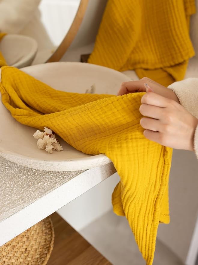 4 Pieces Muslin Towel Set for Bathroom, Luxury 100% Turkish Cotton Thin Soft Quick-Dry Lint-Free Large Size Bath Hand Towel Sets (Mustard, 2 Bath & 2 Hand Towel Set)