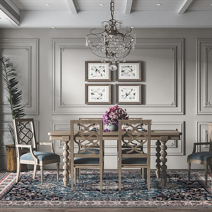 Easy-Going Area Rug 6x9 Medallion Distressed Washable Rugs for Living Room Non-Slip Bedroom Rug Low Pile Lightweight Vintage Retro Throw Rug for Dining Room Kitchen Home Office Carpet, Teal Brick