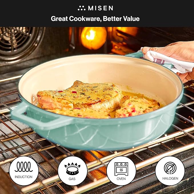 Misen 5.5 QT Braiser – Enameled Cast Iron Pan for Searing, Braising & Slow Cooking – No-Chip Enamel Coating – Extra-Wide Handles – Superior Heat Retention & Even Cooking - Green