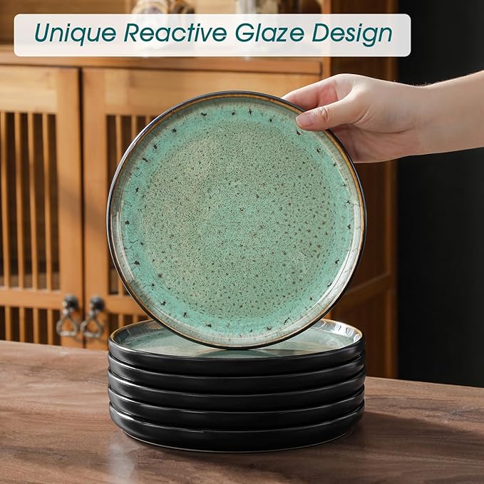 vancasso Plates and Bowls Sets, 24 Pieces Stoneware Dinnerware Sets for 8, Kitchen Dish Set Mircowave and Dishwasher Safe Ceramic Dishware, Turf Green, Series AMBER