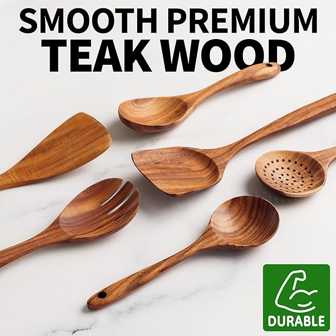 Zulay Kitchen 6-Piece Wooden Cooking Spoons Set – Heat-Resistant, Smooth Teak Utensils with Comfort Grip – Lightweight & Durable – Easy to Clean, Perfect for Non-Stick Cookware