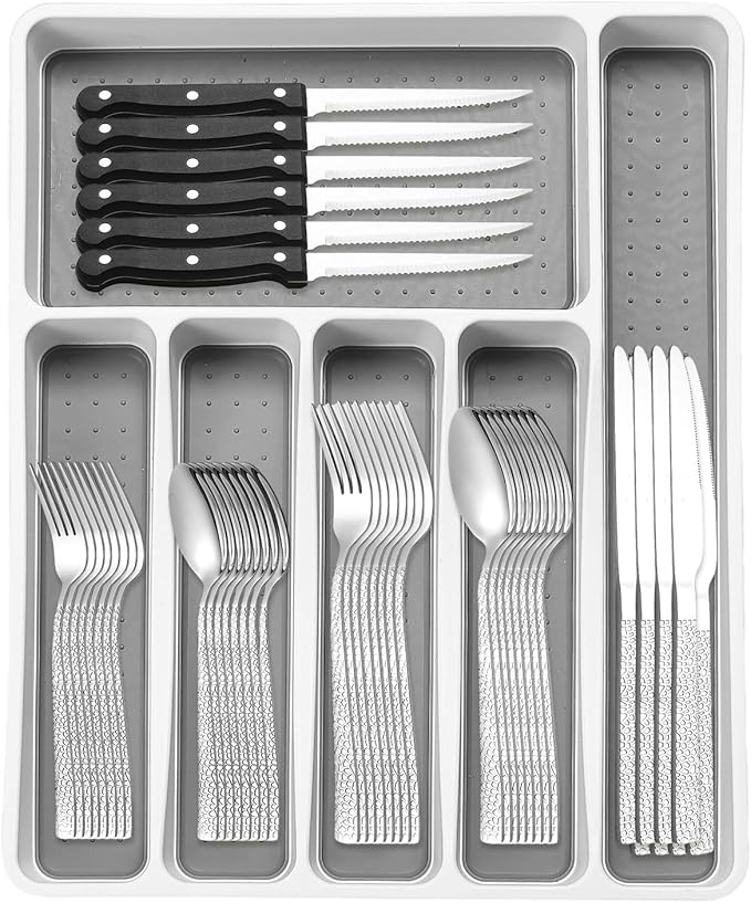 49Pcs Silverware Set with Organizer, Silver Stainless Steel Flatware Set for 8 Cutlery Utensil Sets with Steak Knives, Spoons and Forks Set, Dishwasher Safe