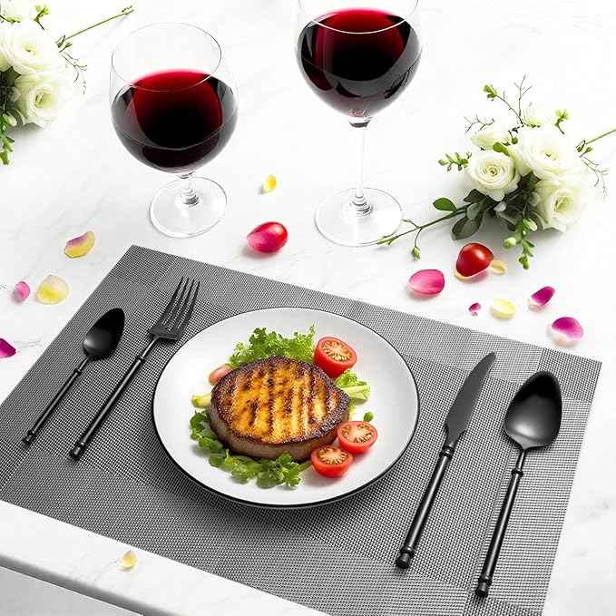 Black Silverware Set for 4 Unique 18/10 Stainless Steel 16 Piece Flatware Sets Mirror Polished Elegant Cutlery Utensils Set for Home Kitchen Dishwasher Safe Nice Weight