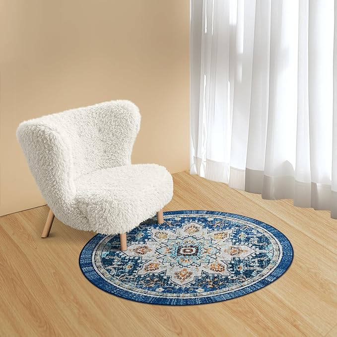 Easy-Going Round Area Rug 3ft Washable Boho Small Circle Rugs for Living Room Non-Slip Bedroom Rug Low Pile Lightweight Tangerine Vintage Throw Rug for Dining Room Kitchen Office, Floral Aqua Yellow