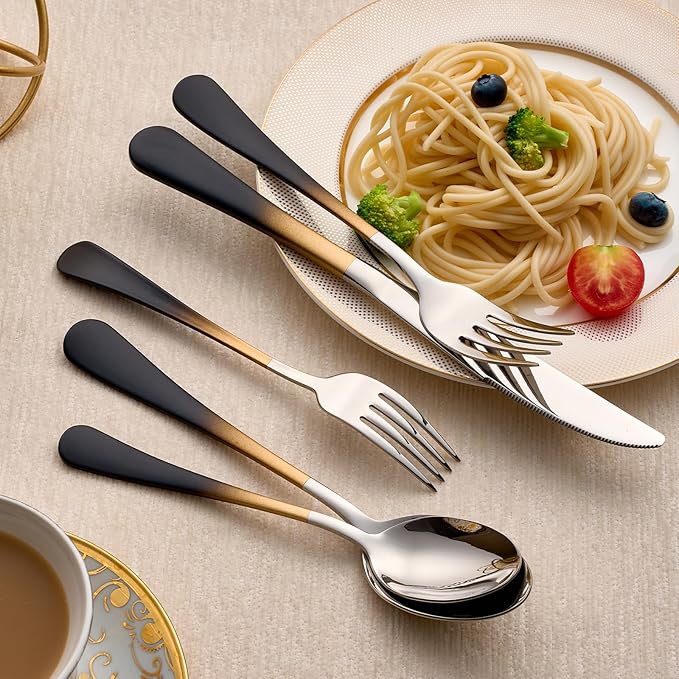 20-Piece Black Gold Silverware Set 18/0 Stainless Steel Silverware Set Black Gold Handle Cutlery Set Service for 4 Dinner Knives Forks Spoons Set Flatware Set Finish Dishwasher Safe