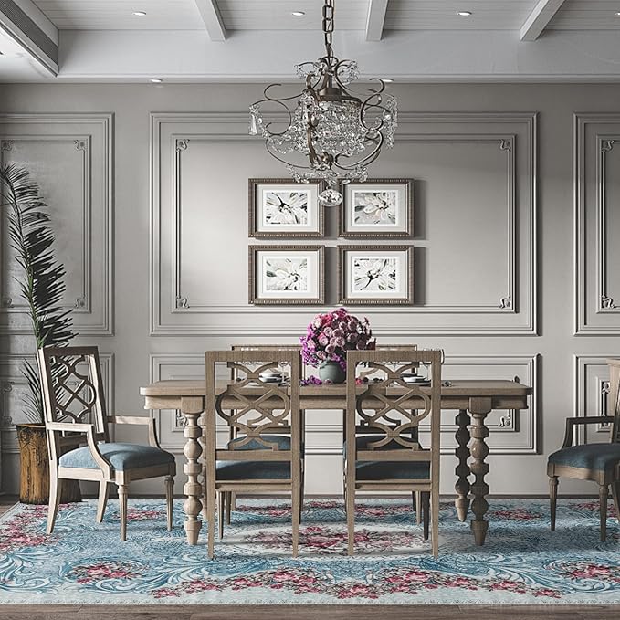 Easy-Going Area Rug 6x9 Washable Floral Rugs for Living Room Non-Slip Bedroom Rug Low Pile Lightweight Retro Flowers Throw Rug for Dining Room Kitchen Home Office Carpet, Teal Red