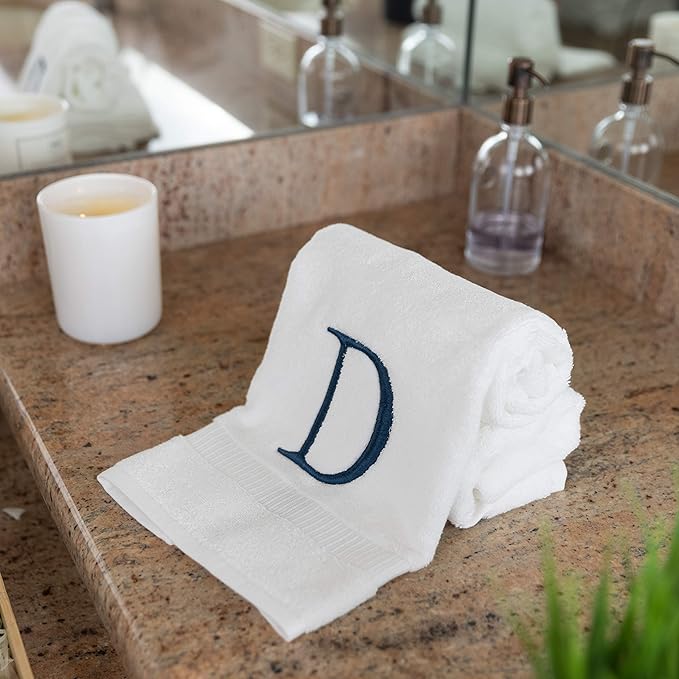 Monogrammed Hand Towels for Bathroom - Luxury Hotel Quality Personalized Initial Decorative Embroidered Bath Towel for Powder Room, Spa - GOTS Organic Certified - Set of 2 Navy Letter D