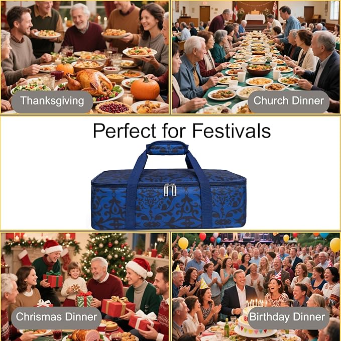 Insulated Casserole Carrier Bag - Portable Reusable Lunch Food Transport Tote Bag Keep Food Hot/Cold Fits 9x13" Lasagna Baking Dish for Gathering/Potluck Parties/Cookout/Camping/Offices-Blue/Black