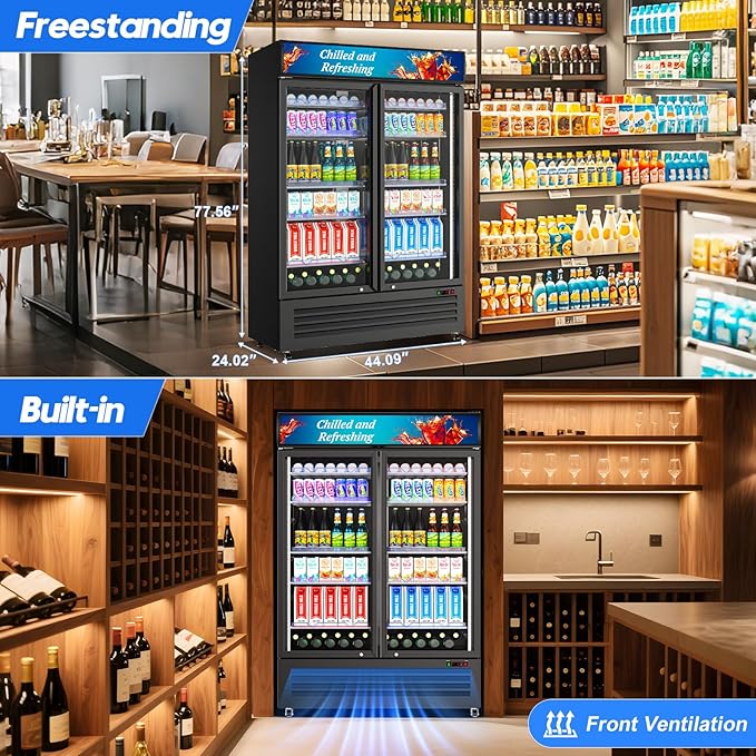 Commercial Beverage Refrigerator with 2 Glass Door, 383L Display Fridge Beverage Cooler with Customizable Lightbox Adjustable Shelves, Drink Fridge Merchandiser for Restaurant Shop, Black