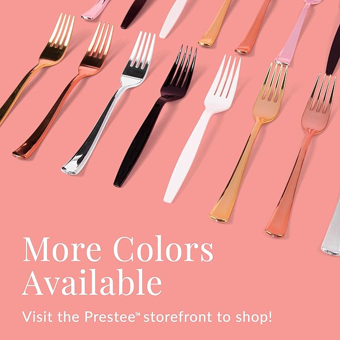 Prestee 180-Piece Gold Plastic Silverware Set - Durable Plasticware Includes 60 Forks, 60 Knives, 60 Spoons - Fancy, Disposable Plastic Utensils and Flatware for Weddings, Parties, and Holidays