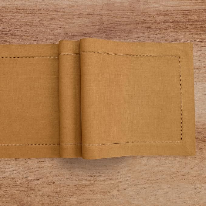 Solino Home Linen Brown Sugar Table Runner 144 Inches Long - 100% Pure Linen Extra Long Table Runner 14 x 144 Inch - Classic Hemstitch
