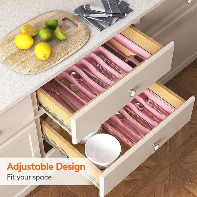 Lifewit Silverware Drawer Organizer, Expandable Utensil Tray for Kitchen, BPA Free Flatware and Cutlery Holder, Adjustable Plastic Storage for Spoons Forks Knives, Large, Pink