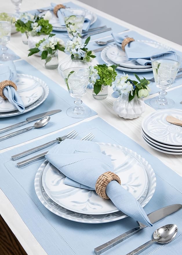 Solino Home Linen Placemats Set of 4 - Classic Hemstitch Sky Blue Placemats 14 x 19 Inch - 100% Pure Linen Table Mats for Holiday, New Year
