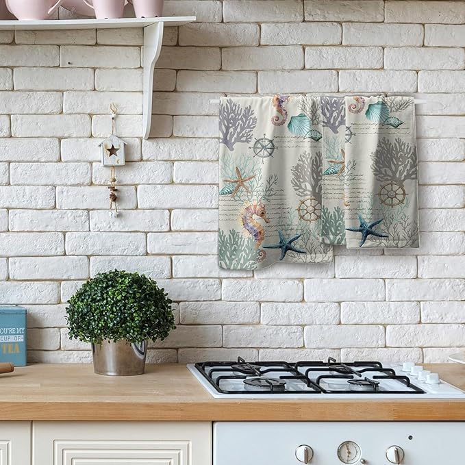 Imiss Nautical Blue Coral Hand Towels Set of 2 Vintage Seashell Starfish Compass Decorative Bath Towels Soft Small Fingertip Face Towel for Home Bathroom Hotel