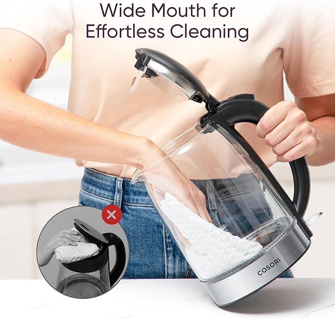 Cosori Electric Kettle, No Plastic Filter & Spout, 1.8Qt Tea Kettle & Hot Water Boiler For Coffee & Tea, Water Heater & Teapot, Automatic Shut Off, Borosilicate glass, Black, 1500W