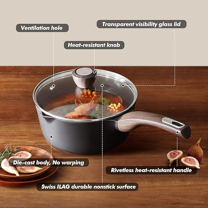SENSARTE Nonstick Sauce Pan with Lid, 2.5 Quart Saucepan with Double Spout, Multipurpose Large Cooking Pot, Non toxic Kitchen Sauce Pot, Non stick Saucier Pan, Induction Comptable, PFOA Free