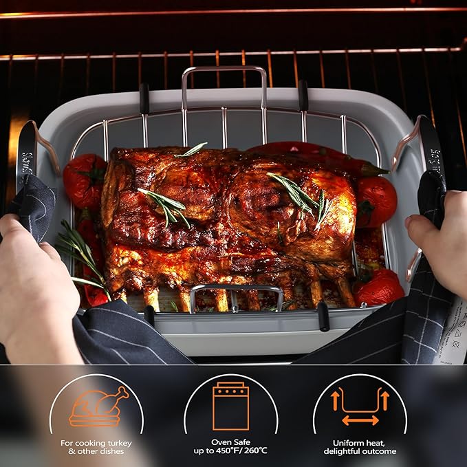 Nonstick Turkey Roasting Pan with Rack, 17 x 13 Inch Turkey Pan, large roaster pan for Meat & Vegetable, White