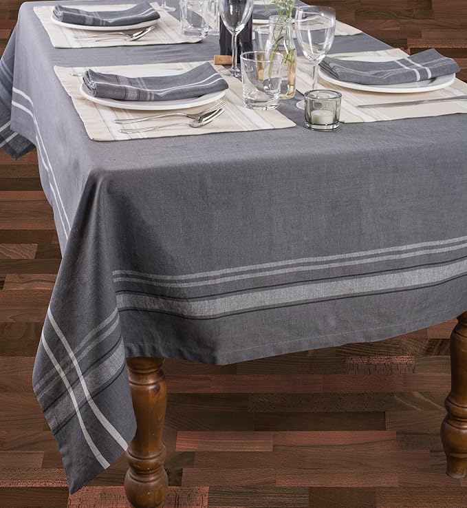 DII French Stripe Dining Table Collection Farmhouse Style Tablecloth, 60x84 Inches, Gray Chambray