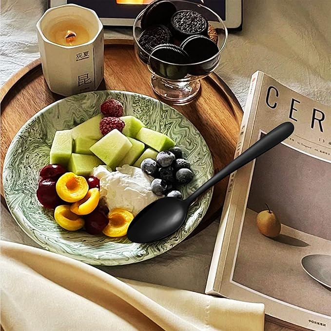 Pleafind 36Pcs Black Dinner Spoons Set - 7.4 inch, Spoons Silverware, Stainless Steel Spoon, Mirror Polished Tablespoon, Black Silverware Set for Home, Kitchen, Restaurant, Dishwasher Safe