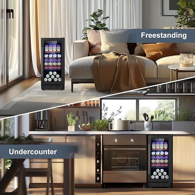 Beverage Refrigerator Cooler, 15 Inch 130 Cans Under Counter Refrigerator Beer Fridge with Glass Door, Adjustable Shelves and LED Light, Bulit-in Soda Fridge for Bedroom Office Bar