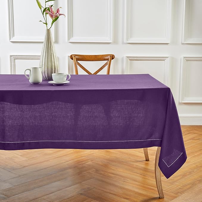 Solino Home Linen Tablecloth for Rectangle Tables 60 x 132 Inch - Classic Hemstitch 100% Pure Linen Purple Table Cloth - Machine Washable Cloth Tablecloth for Valentines