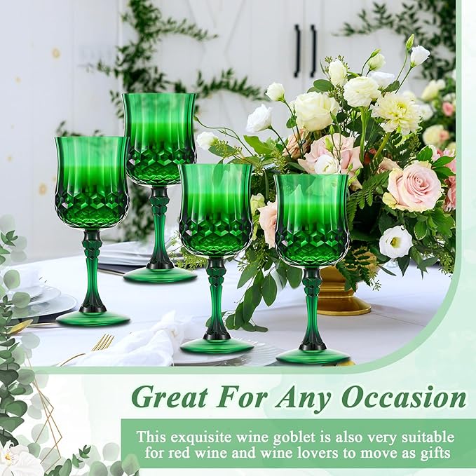 Pinkunn 12 Pcs 7 oz Plastic Vintage Wine Glasses Reusable Colored Goblets Patterned Drinking Water Glasses Cup Dishwasher Safe for Christmas Wedding Reception Party Supplies (Green)
