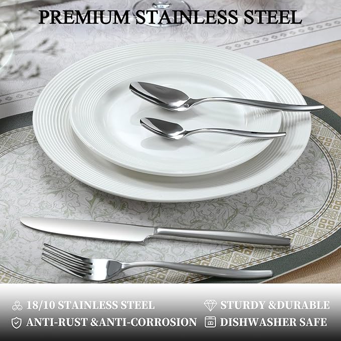 40-Piece Silverware Set,Stainless Steel Flatware Utensils Cutlery Set for 8,Including Steak Knife Fork and Spoon,Dishwasher Safe,Modern Tableware for Home & Dining