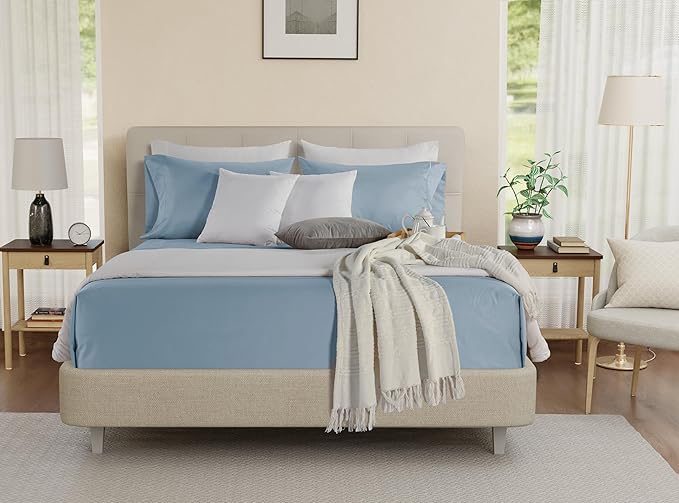 100% Egyptian Cotton Sheets Full Size Set, 800 TC Deep Pocket Full Sheets Set, Soft Breathable Sateen Weave 4 PC Elasticated Sheet & Pillowcase Sets, No Pill & Shrink, Fade Resistant - French Blue