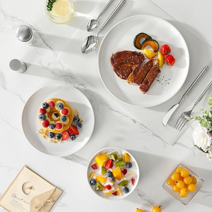 MALACASA Plates and Bowls Sets, 24 Pieces Modern Ceramic Dinnerware Set for 8 Kitchen Stoneware Dishes Dishware Set Microwave and Dishwasher Safe, White, Series TARA