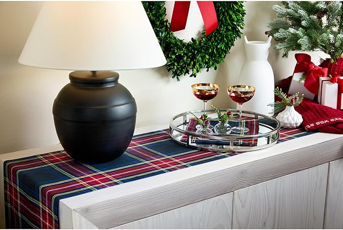 Solino Home Linen Plaid Table Runner 48 Inches - 100% Pure Linen Stewart Tartan Plaid Black Short Table Runner 14 x 48 Inch Ideal for Dresser and Coffee Tables