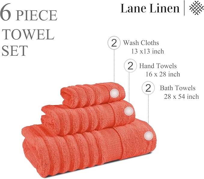 LANE LINEN Bathroom Towels Set - 2 Bath, 2 Hand Towels for Bathroom and 2 Wash Cloths for Body - Highly Absorbent, Soft, Premium 100% Cotton Bath Towel Set for Everyday Use (Set of 6) - Tiger Lily