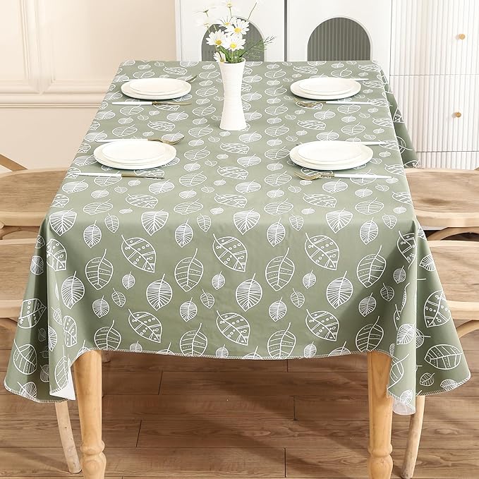 Walrus Heavy Duty Vinyl Tablecloth with Flannel Backing Waterproof Oil-Proof Plastic Table Cloth Stain-Resistant Wipeable Rectangle or Square Table Cover for Indoor and Outdoor (Leaf, 52X70 Inch)
