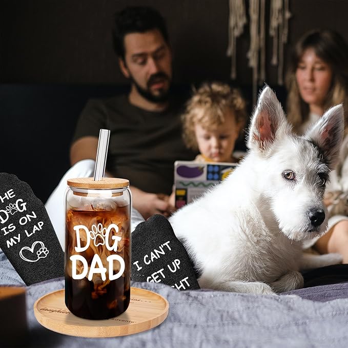 Dog Dad Gifts, Father's Day Gifts for Dog Lovers, 18OZ Daddy Cute Iced Coffee Glass Cup and Socks Present Set for Men, Dogs Lover Present for Men, Best Puppy Dad Coffee Mug