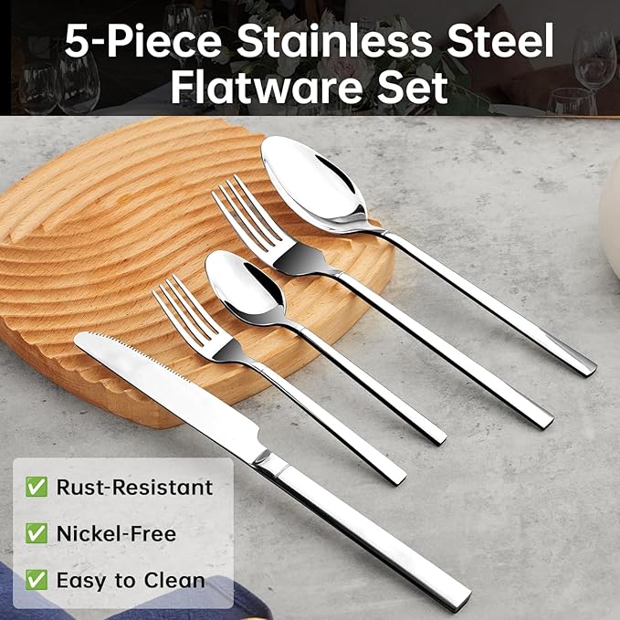 WANGYUANJI 5-Piece Stainless Steel Flatware Set, Mirror-Finish Silverware Place Setting for 1 — Knife, 2 Forks & 2 Spoons, Dishwasher Safe