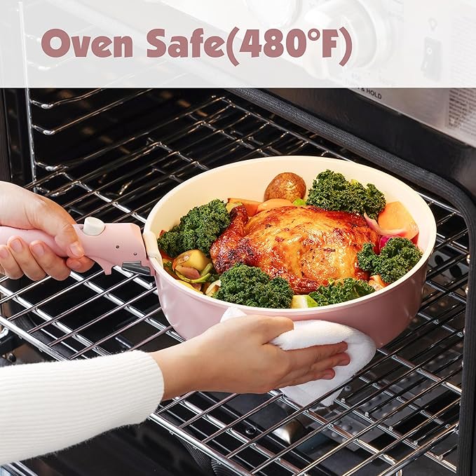 SENSARTE 17 Piece Ceramic Pots and Pans Set, Nonstick Detachable Handle Cookware, Induction Kitchen Cookware Set with Removable Handle, Dishwasher & Oven Safe (Pink)