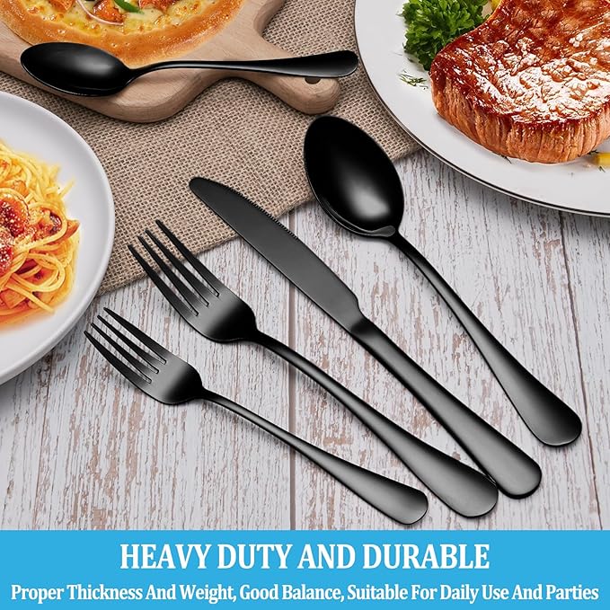 50 Pcs Black Silverware Set, Stainless Steel Flatware Set Service for 10, Mirror Polished Cutlery Utensil Sets, Durable Home Kitchen Eating Tableware Sets, Include Fork Knife Spoon, Dishwasher Safe